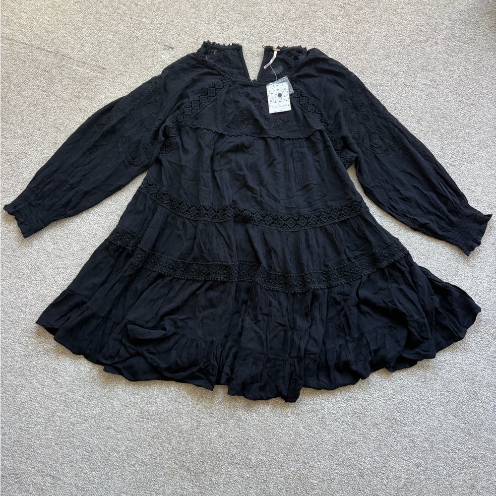 Free People - Piece of Your Heart - Black Boho Mini Dress with Detachable Slip